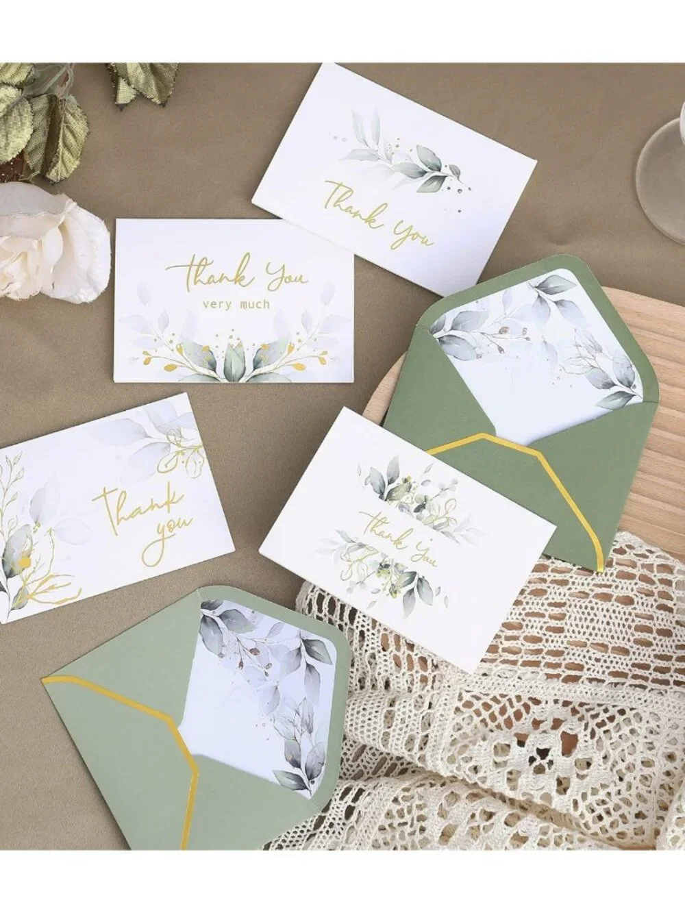 Luxurious Gold Thank You Cards - 100 Pack with Envelopes, Sage Green, Wedding